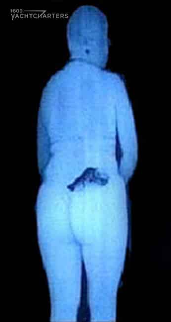 airport body scanners x-ray image of heavyset woman from the back. She has a handgun hidden in her waistband. The  background is black, and her image is a light blue and is shadowy.