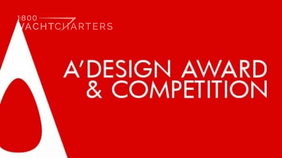 Logo for the A'Design Awards and Competition for yacht design. Logo has a solid red background with white writing.