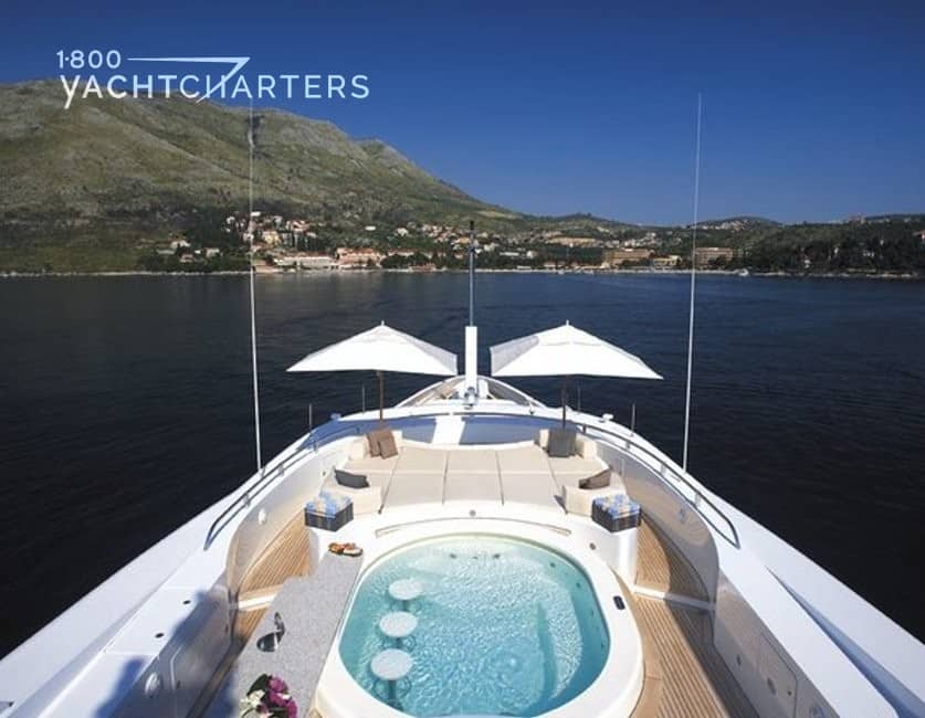 Aerial photograph of the hot tub on superyacht ANDREAS L. There are 2 white standing umbrellas at the edge of the front of the boat. for shade. The hot tub is in the center of the front of the boat. It has circular bar stool seating under water