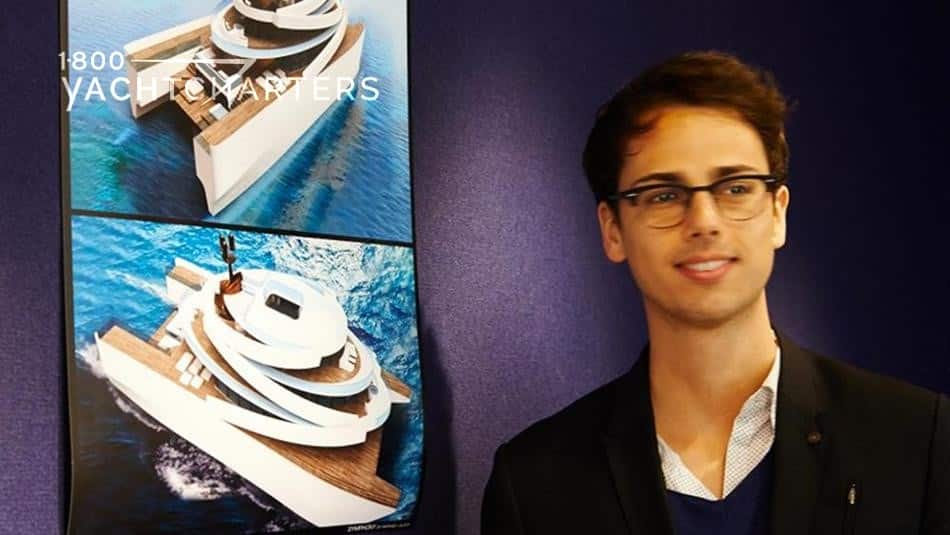 Collage of photographs of Michael Givens, young designer of the year in yachting. His portrait photo is at the right. Two catamaran designs are on the left side of the photo. One below the other one.