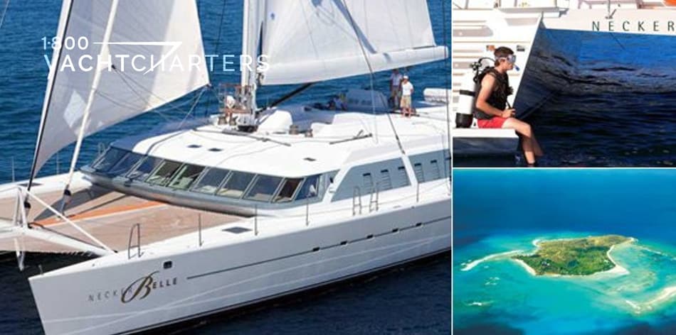 Collage of photographs. To the left is the catamaran, Necker Belle. She is headed toward the lower left side of the photo. Top right is a man wearing snorkel gear and seated on the back of the sailboat, as if ready to go into the water. Below right is an aerial photo of Necker Belle Island in the Caribbean.