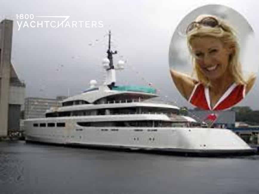 Photograph of the stern quarter profile of a luxury superyacht. Inset photo at top right corner, in a circle, is the face of Britain's richest woman, Kirsty Bertarelli
