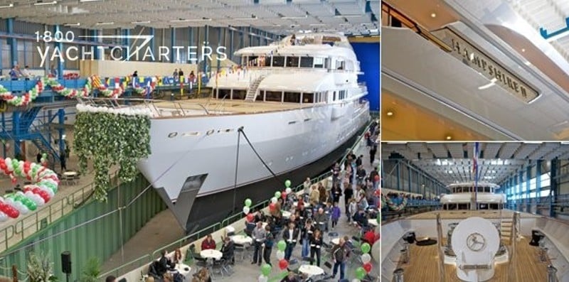 Collage of 3 photos. The top right photo is of the side of the yacht that shows the name of the boat. The bottom right photo is of the foredeck of the yacht