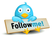 Cartoon drawing of a bird holding a sign that reads, "Follow me." The bird represents the social media platform, Twitter.