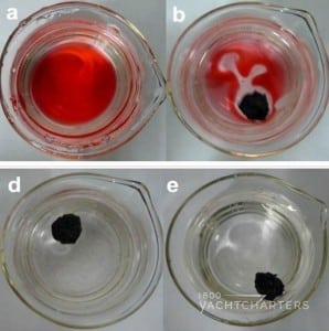 3 glass dishes showing steps of oil removal with inserted sponge