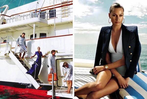 People walking off of a superyacht next to a photo of a woman seated on the ground wearing a white swimsuit with navy blazer over it