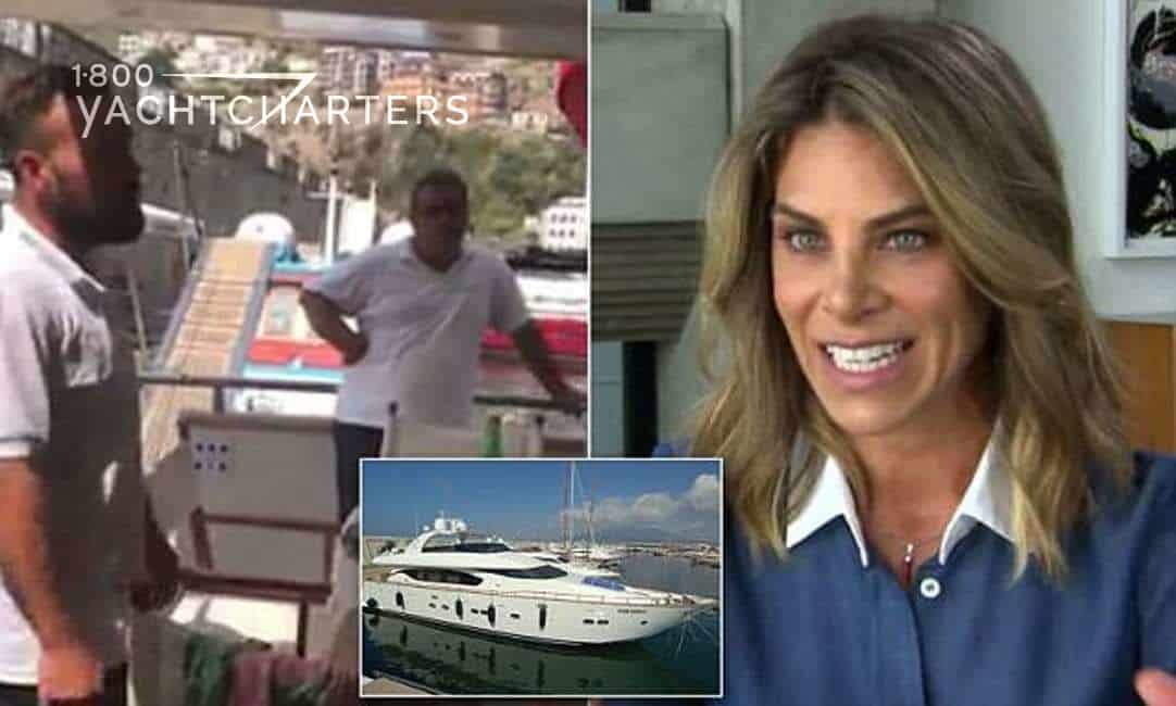 Collage of photos of crew members on a yacht, Jillian Michaels, and a private Italian charteryacht
